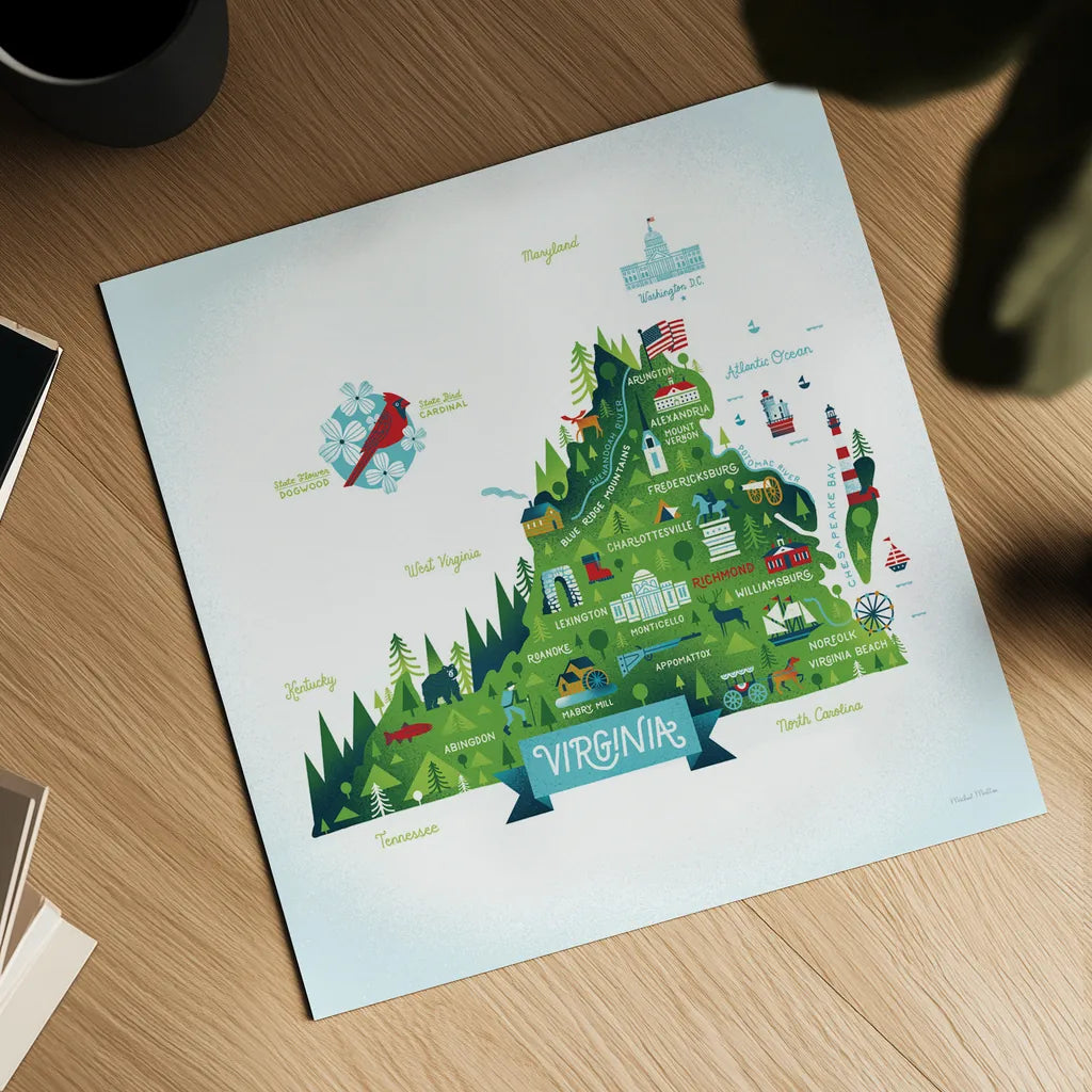 Illustrated Virginia by Michael Mullan. Shown as a detailed flat fine art print, highlighting archival giclee quality. Available as an archival giclee rolled canvas, fine art paper, or poster print. SKU 37542a.