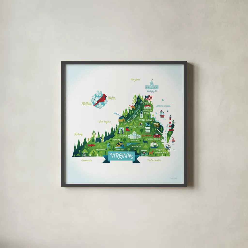 Illustrated Virginia by Michael Mullan. Shown in a sleek black glass frame for a contemporary gallery look. Available as an archival giclee rolled canvas, fine art paper, or poster print. SKU 37542a.