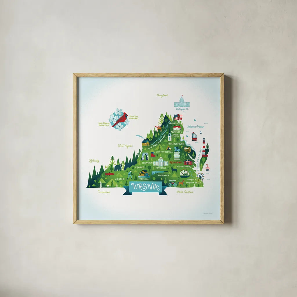Illustrated Virginia by Michael Mullan. Shown in a natural wood glass frame for a timeless modern aesthetic. Available as an archival giclee rolled canvas, fine art paper, or poster print. SKU 37542a.