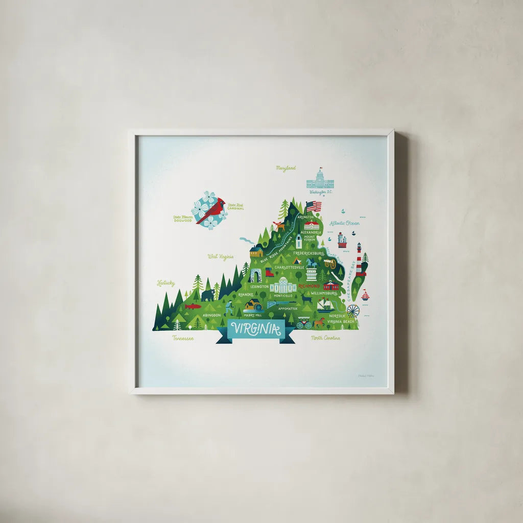 Illustrated Virginia by Michael Mullan. Shown in a crisp white glass frame for a clean and minimalist style. Available as an archival giclee rolled canvas, fine art paper, or poster print. SKU 37542a.