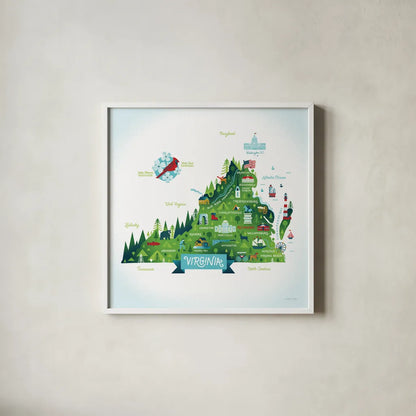 Illustrated Virginia by Michael Mullan. Shown in a crisp white glass frame for a clean and minimalist style. Available as an archival giclee rolled canvas, fine art paper, or poster print. SKU 37542a.