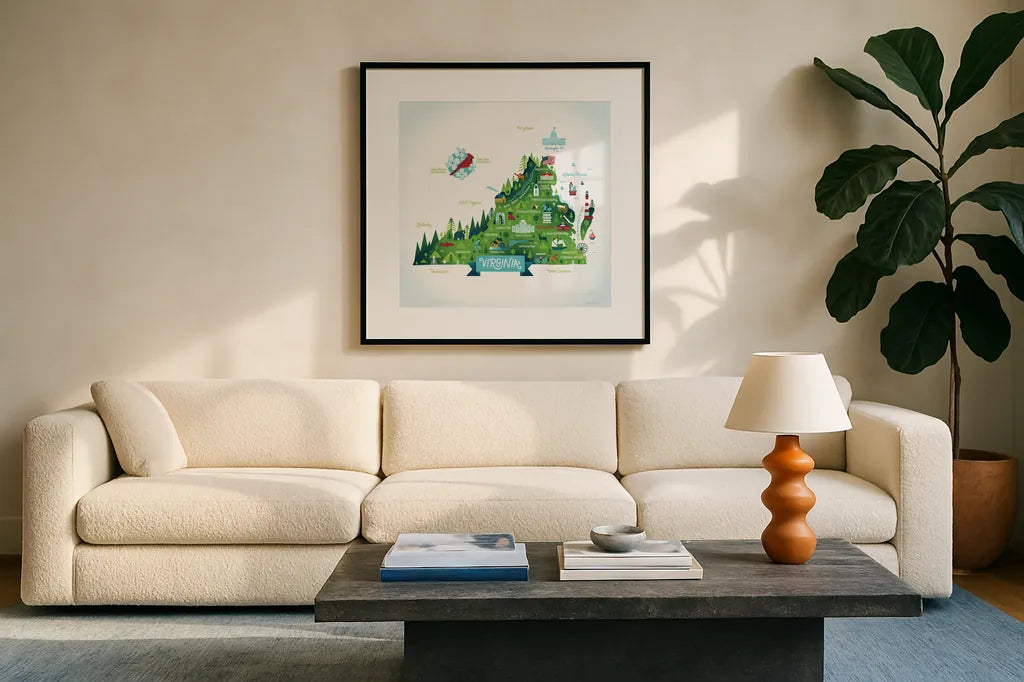 Illustrated Virginia by Michael Mullan. Displayed in a glass frame with matte in a clean modern living room. Available as an archival giclee rolled canvas, fine art paper, or poster print. SKU 37542a.