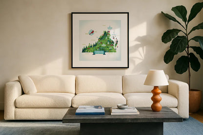 Illustrated Virginia by Michael Mullan. Displayed in a glass frame with matte in a clean modern living room. Available as an archival giclee rolled canvas, fine art paper, or poster print. SKU 37542a.
