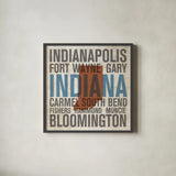 Indiana by Michael Mullan. Shown in a sleek black glass frame for a contemporary gallery look. Available as an archival giclee rolled canvas, fine art paper, or poster print. SKU 18063a.
