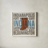 Indiana by Michael Mullan. Shown in a crisp white glass frame for a clean and minimalist style. Available as an archival giclee rolled canvas, fine art paper, or poster print. SKU 18063a.