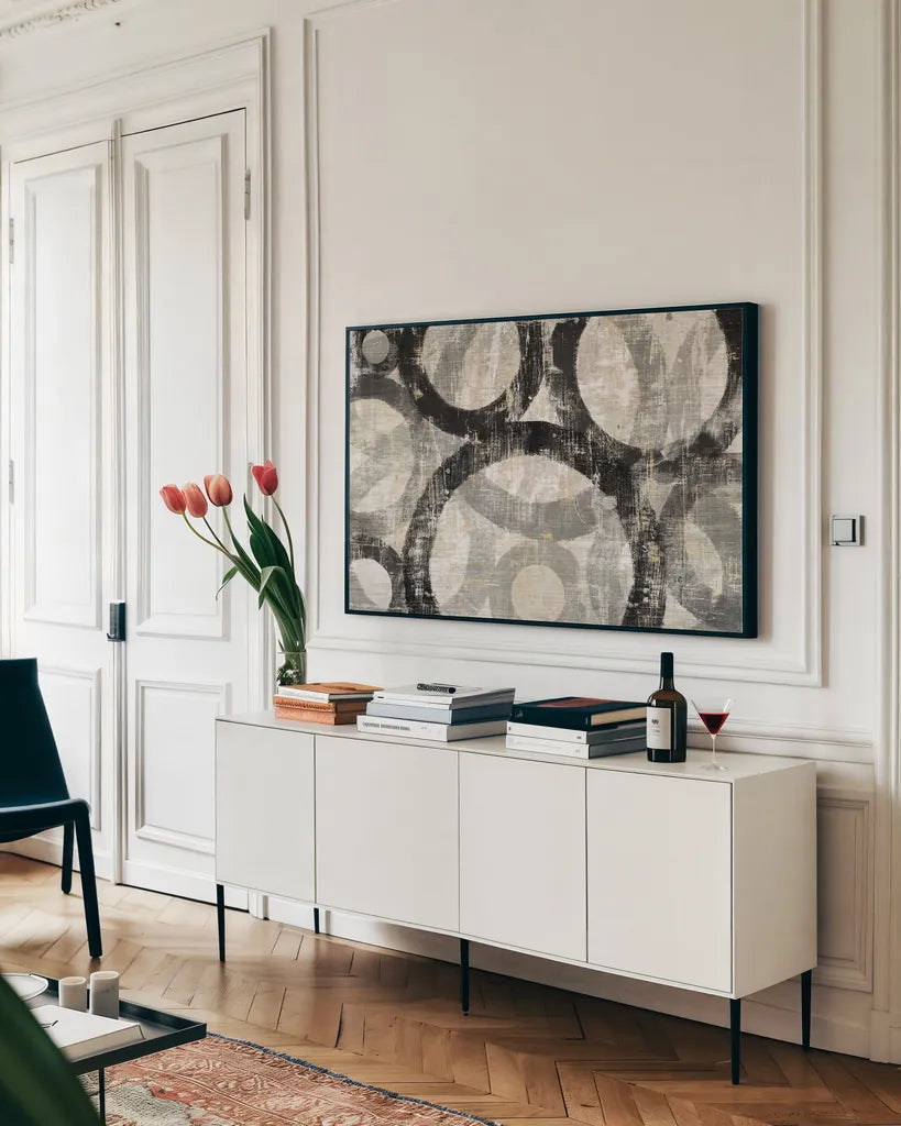 Industrial I Neutral by Michael Mullan. shown as a framed stretched canvas in a living room above a console. Available as a archival giclee rolled canvas, fine art paper, or poster print. SKU 70563i.