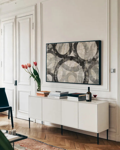Industrial I Neutral by Michael Mullan. shown as a framed stretched canvas in a living room above a console. Available as a archival giclee rolled canvas, fine art paper, or poster print. SKU 70563i.