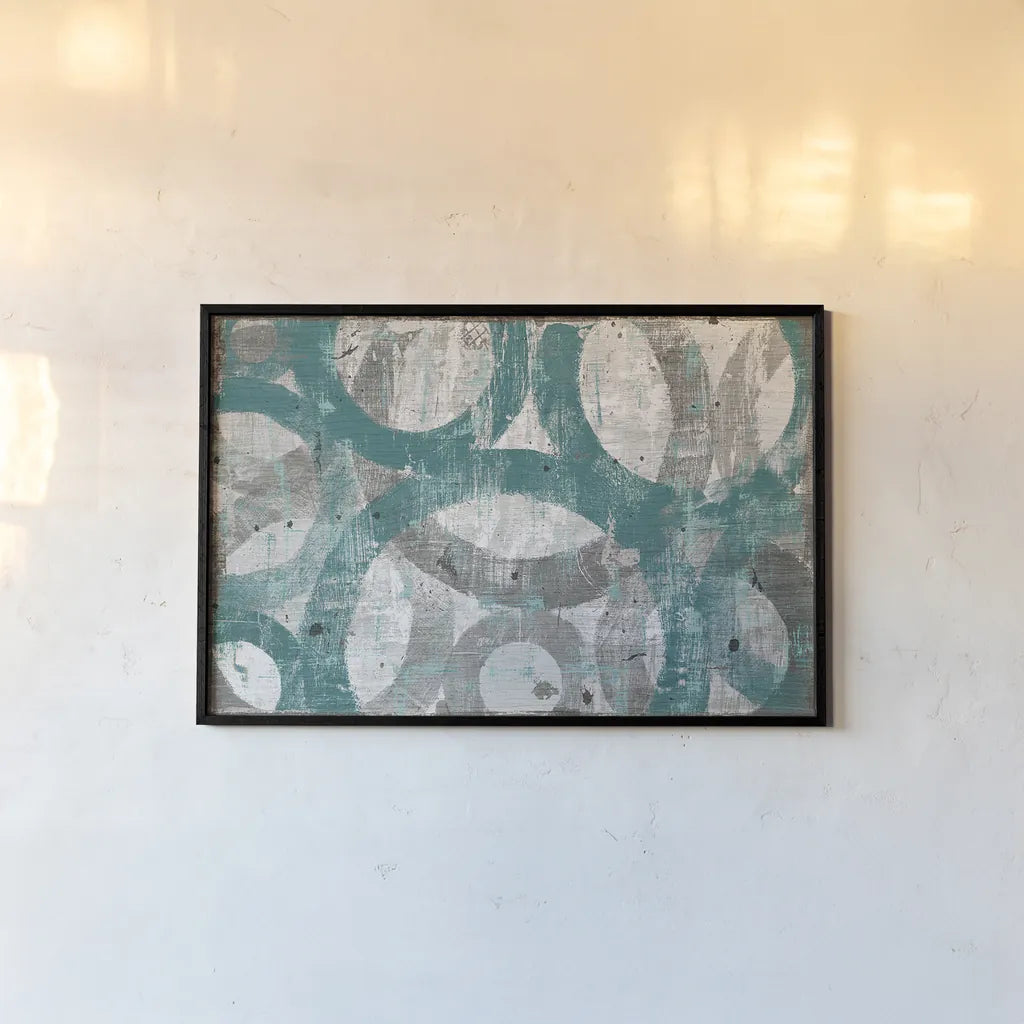 Industrial I Teal by Michael Mullan. shown as a paper print in a black flame. Available as a archival giclee rolled canvas, fine art paper, or poster print. SKU 23174i.