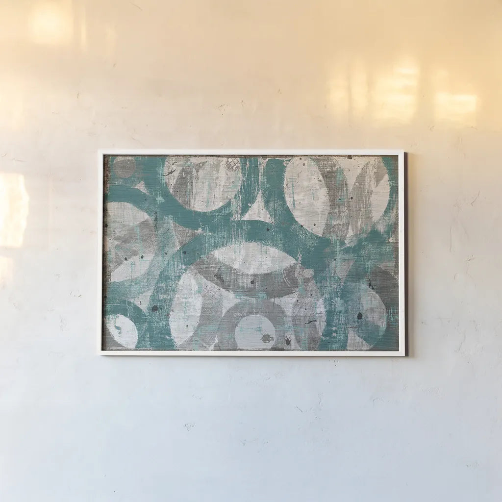 Industrial I Teal by Michael Mullan. shown as a paper print in a white frame. Available as a archival giclee rolled canvas, fine art paper, or poster print. SKU 23174i.