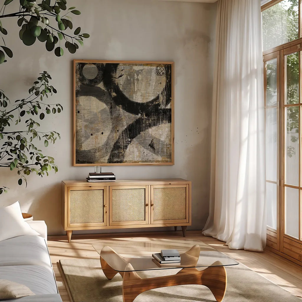 Industrial II by Michael Mullan. Shown in a natural wood frame in a cozy modern living room. Available as an archival giclee rolled canvas, fine art paper, or poster print. SKU 22503a.