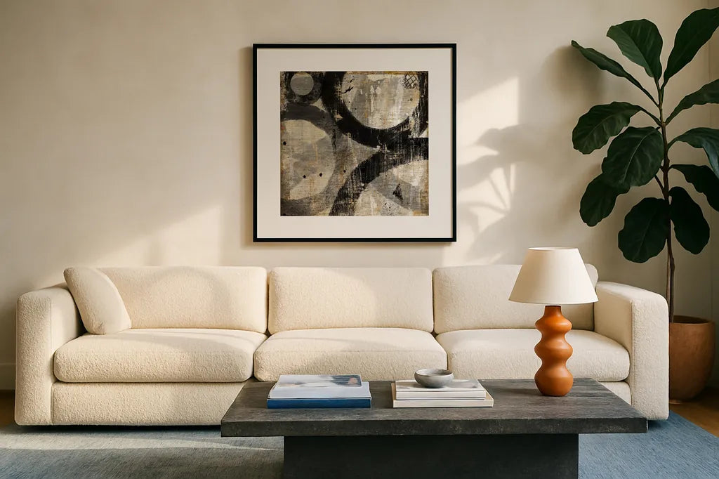 Industrial II by Michael Mullan. Displayed in a glass frame with matte in a clean modern living room. Available as an archival giclee rolled canvas, fine art paper, or poster print. SKU 22503a.
