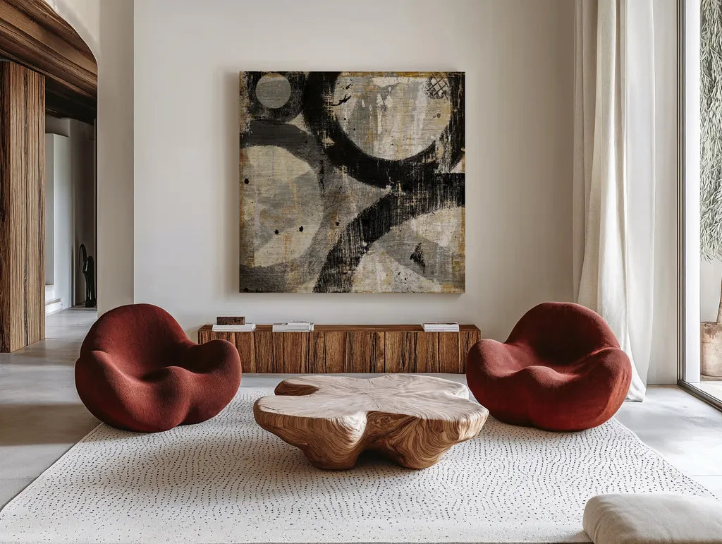 Industrial II by Michael Mullan. Shown as extra-large giant wall art in a modern living room. Available as an archival giclee rolled canvas, fine art paper, or poster print. SKU 22503a.