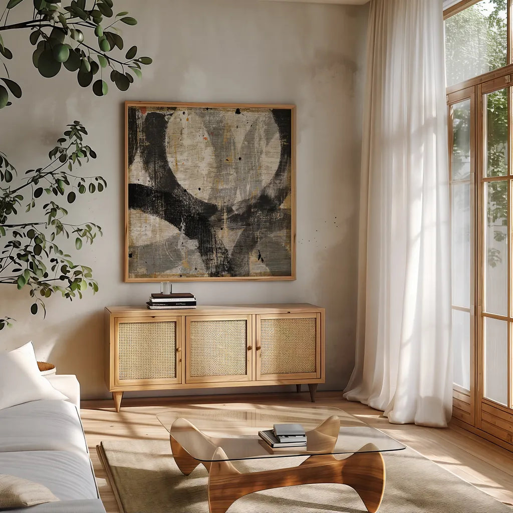 Industrial III by Michael Mullan. Shown in a natural wood frame in a cozy modern living room. Available as an archival giclee rolled canvas, fine art paper, or poster print. SKU 22504a.