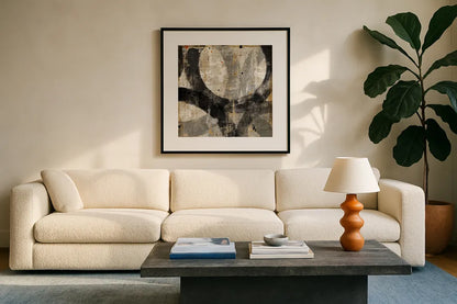 Industrial III by Michael Mullan. Displayed in a glass frame with matte in a clean modern living room. Available as an archival giclee rolled canvas, fine art paper, or poster print. SKU 22504a.