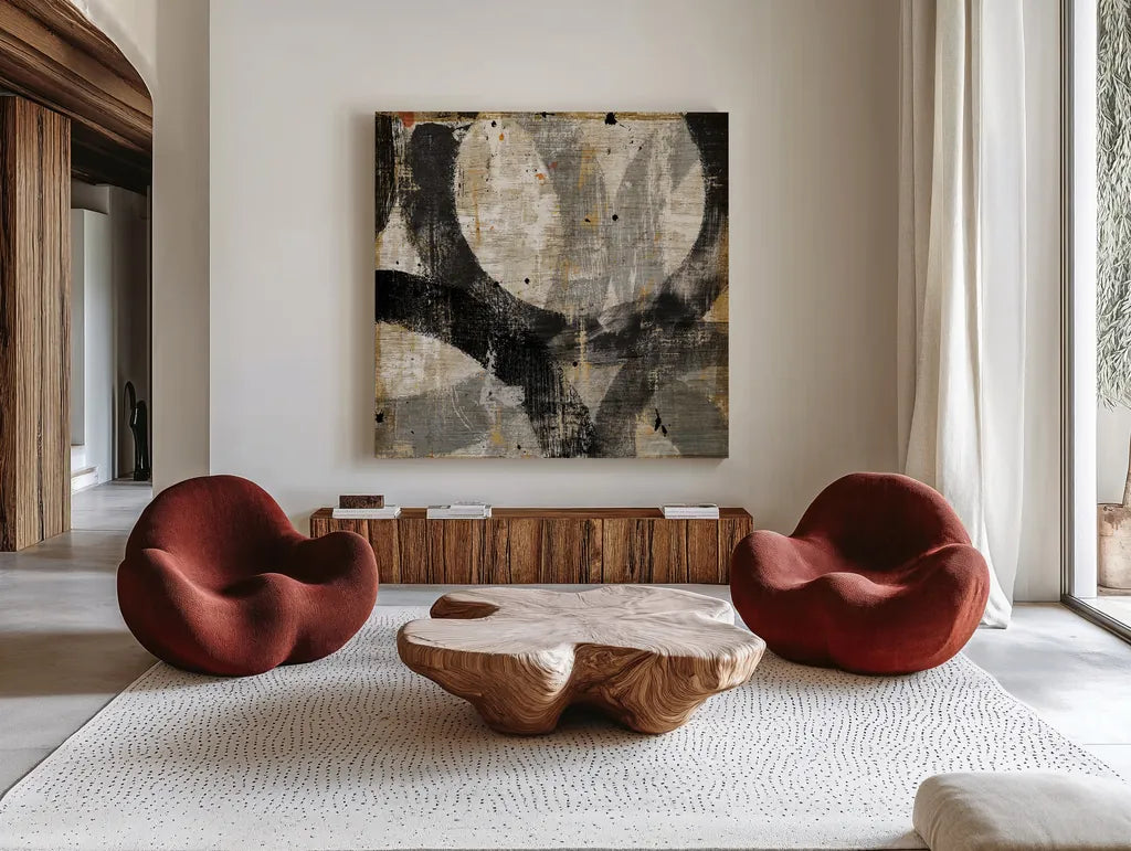 Industrial III by Michael Mullan. Shown as extra-large giant wall art in a modern living room. Available as an archival giclee rolled canvas, fine art paper, or poster print. SKU 22504a.