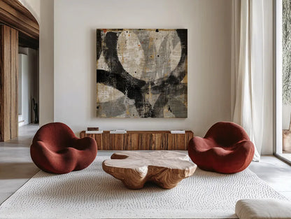 Industrial III by Michael Mullan. Shown as extra-large giant wall art in a modern living room. Available as an archival giclee rolled canvas, fine art paper, or poster print. SKU 22504a.
