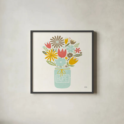 Jar of Sunshine III Coral Hope Sq by Michael Mullan. Shown in a sleek black glass frame for a contemporary gallery look. Available as an archival giclee rolled canvas, fine art paper, or poster print. SKU 63973a.