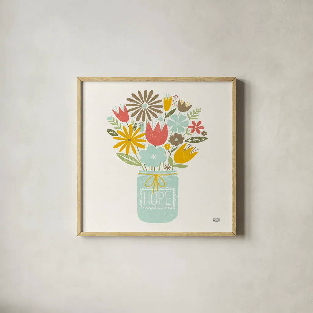 Jar of Sunshine III Coral Hope Sq by Michael Mullan. Shown in a natural wood glass frame for a timeless modern aesthetic. Available as an archival giclee rolled canvas, fine art paper, or poster print. SKU 63973a.
