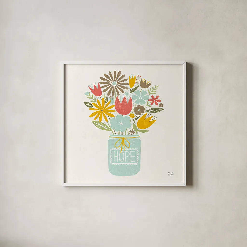 Jar of Sunshine III Coral Hope Sq by Michael Mullan. Shown in a crisp white glass frame for a clean and minimalist style. Available as an archival giclee rolled canvas, fine art paper, or poster print. SKU 63973a.