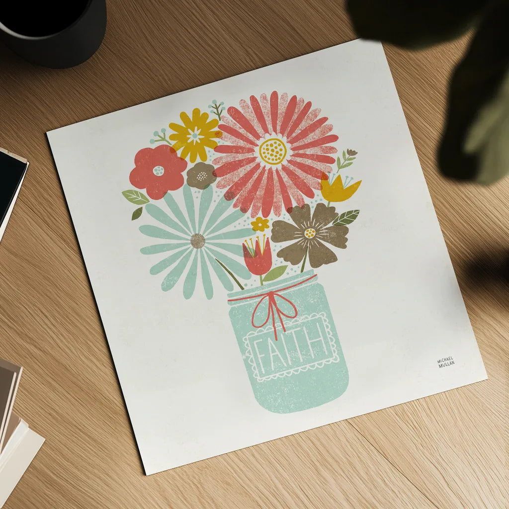 Jar of Sunshine IV Coral Faith Sq by Michael Mullan. Shown as a detailed flat fine art print, highlighting archival giclee quality. Available as an archival giclee rolled canvas, fine art paper, or poster print. SKU 63974a.