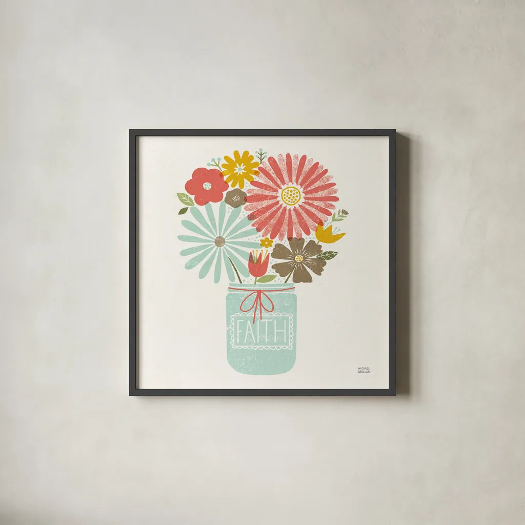 Jar of Sunshine IV Coral Faith Sq by Michael Mullan. Shown in a sleek black glass frame for a contemporary gallery look. Available as an archival giclee rolled canvas, fine art paper, or poster print. SKU 63974a.