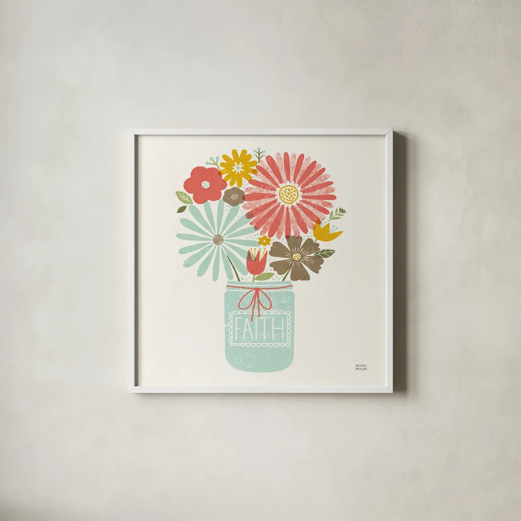 Jar of Sunshine IV Coral Faith Sq by Michael Mullan. Shown in a crisp white glass frame for a clean and minimalist style. Available as an archival giclee rolled canvas, fine art paper, or poster print. SKU 63974a.