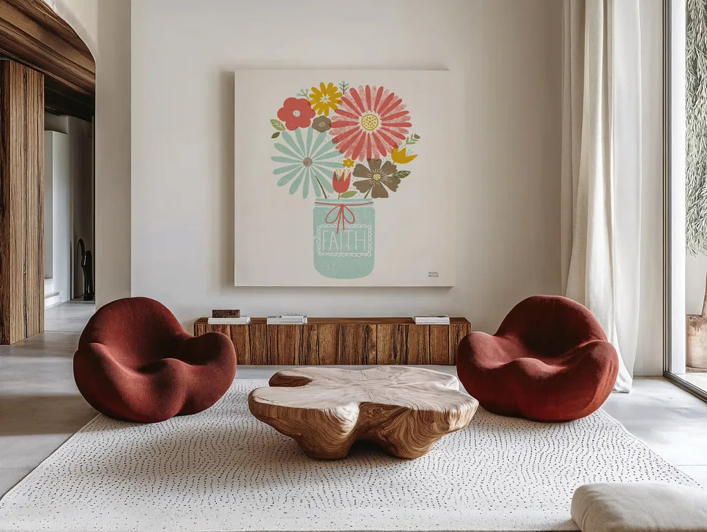 Jar of Sunshine IV Coral Faith Sq by Michael Mullan. Shown as extra-large giant wall art in a modern living room. Available as an archival giclee rolled canvas, fine art paper, or poster print. SKU 63974a.