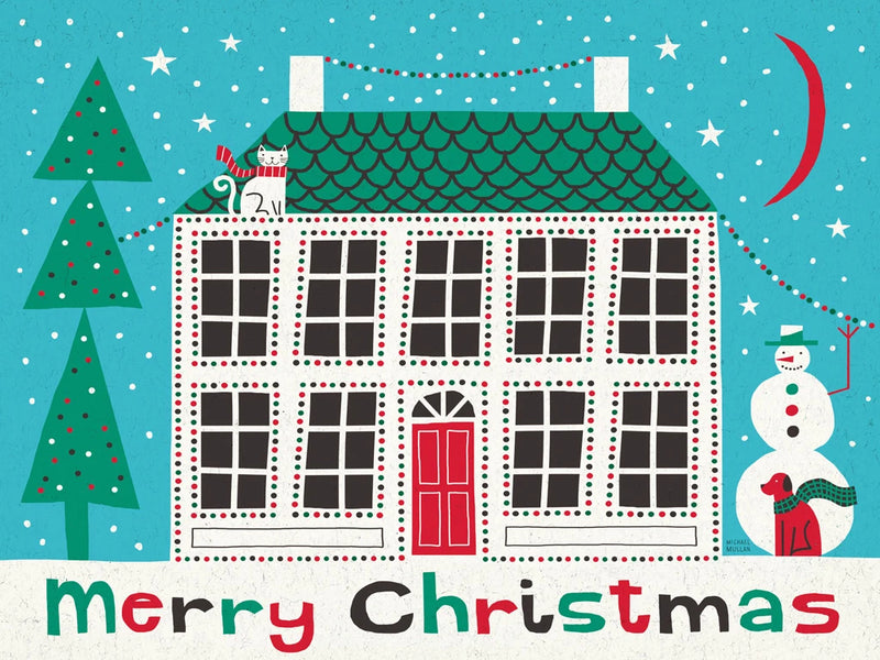 Jolly Holiday Home on Blue Merry Christmas by Michael Mullan
