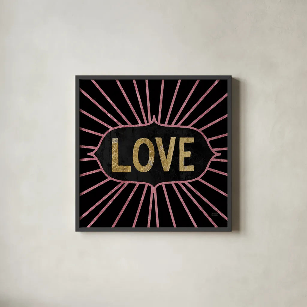 Jolly Holiday Love by Michael Mullan. Shown in a sleek black glass frame for a contemporary gallery look. Available as an archival giclee rolled canvas, fine art paper, or poster print. SKU 67435a.
