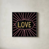 Jolly Holiday Love by Michael Mullan. Shown in a sleek black glass frame for a contemporary gallery look. Available as an archival giclee rolled canvas, fine art paper, or poster print. SKU 67435a.