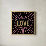 Jolly Holiday Love by Michael Mullan. Shown in a natural wood glass frame for a timeless modern aesthetic. Available as an archival giclee rolled canvas, fine art paper, or poster print. SKU 67435a.