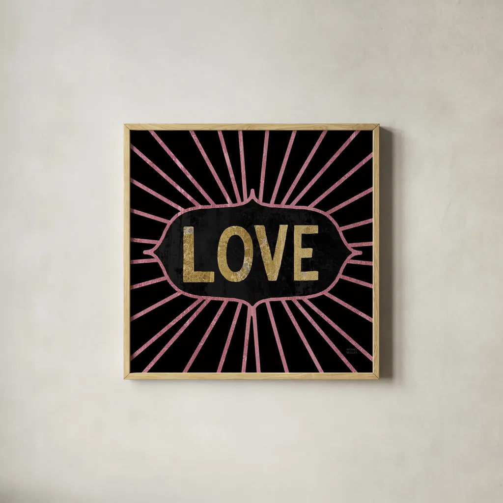 Jolly Holiday Love by Michael Mullan. Shown in a natural wood glass frame for a timeless modern aesthetic. Available as an archival giclee rolled canvas, fine art paper, or poster print. SKU 67435a.