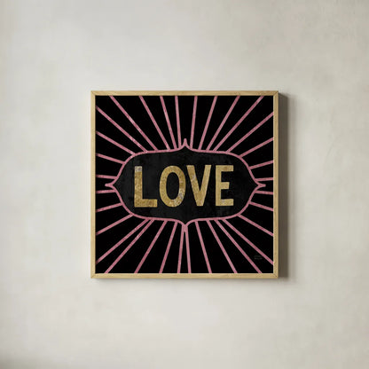 Jolly Holiday Love by Michael Mullan. Shown in a natural wood glass frame for a timeless modern aesthetic. Available as an archival giclee rolled canvas, fine art paper, or poster print. SKU 67435a.