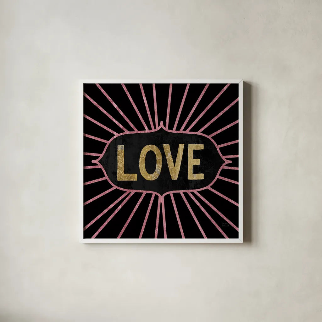 Jolly Holiday Love by Michael Mullan. Shown in a crisp white glass frame for a clean and minimalist style. Available as an archival giclee rolled canvas, fine art paper, or poster print. SKU 67435a.