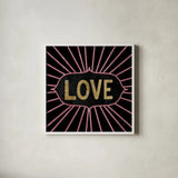 Jolly Holiday Love by Michael Mullan. Shown in a crisp white glass frame for a clean and minimalist style. Available as an archival giclee rolled canvas, fine art paper, or poster print. SKU 67435a.