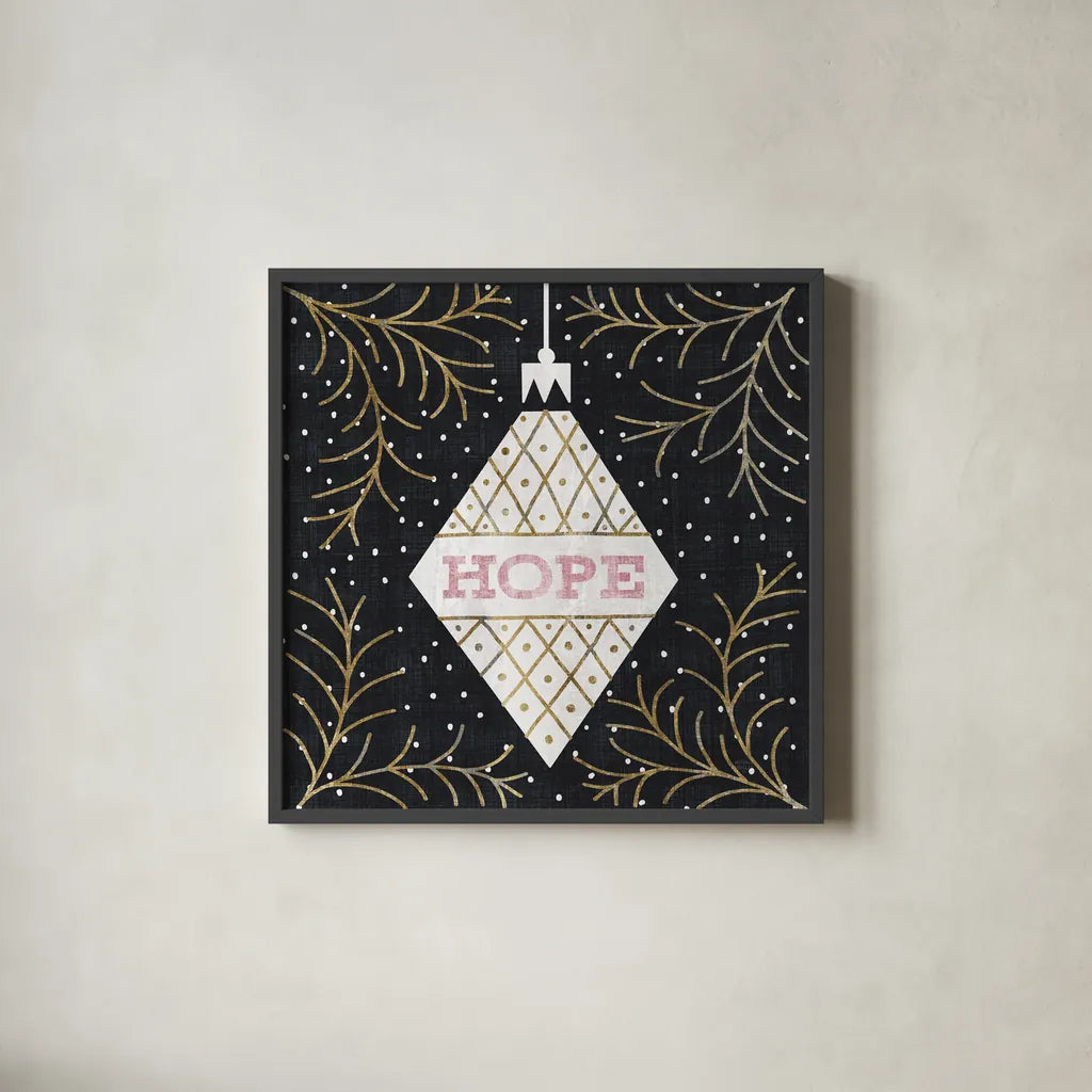 Jolly Holiday Ornaments Hope Metallic by Michael Mullan. Shown in a sleek black glass frame for a contemporary gallery look. Available as an archival giclee rolled canvas, fine art paper, or poster print. SKU 50314a.