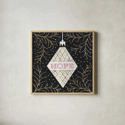 Jolly Holiday Ornaments Hope Metallic by Michael Mullan. Shown in a natural wood glass frame for a timeless modern aesthetic. Available as an archival giclee rolled canvas, fine art paper, or poster print. SKU 50314a.