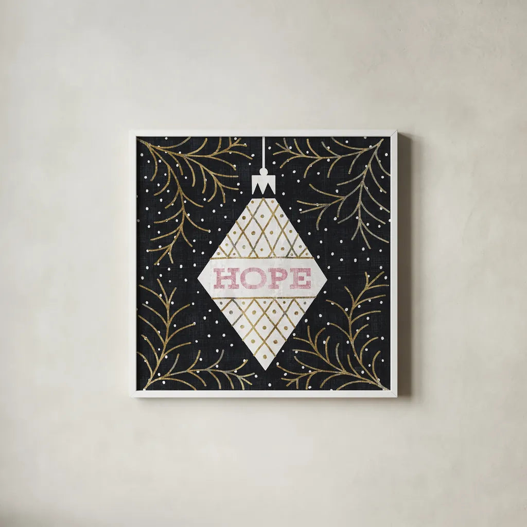 Jolly Holiday Ornaments Hope Metallic by Michael Mullan. Shown in a crisp white glass frame for a clean and minimalist style. Available as an archival giclee rolled canvas, fine art paper, or poster print. SKU 50314a.