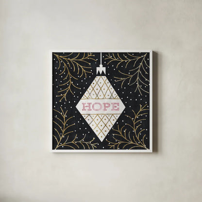 Jolly Holiday Ornaments Hope Metallic by Michael Mullan. Shown in a crisp white glass frame for a clean and minimalist style. Available as an archival giclee rolled canvas, fine art paper, or poster print. SKU 50314a.
