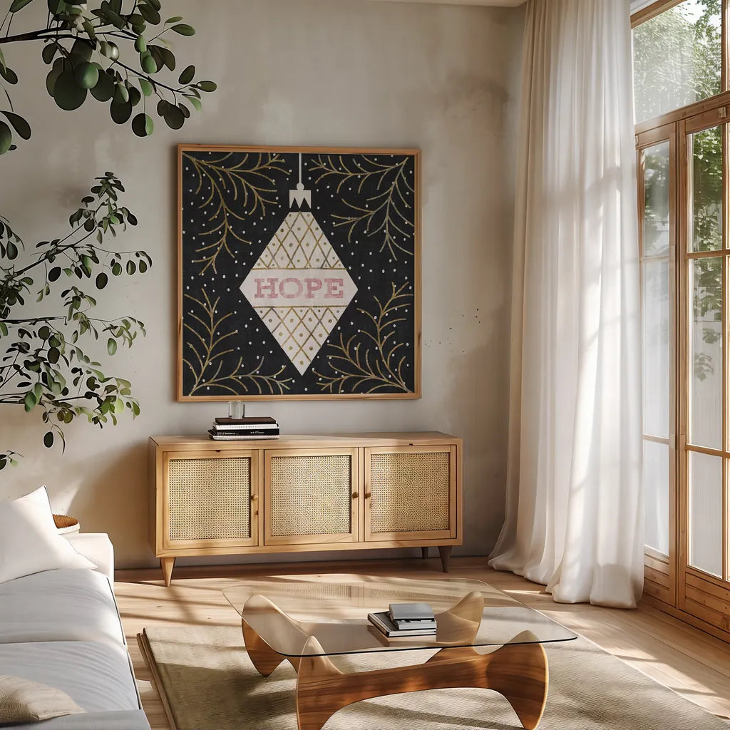 Jolly Holiday Ornaments Hope Metallic by Michael Mullan. Shown in a natural wood frame in a cozy modern living room. Available as an archival giclee rolled canvas, fine art paper, or poster print. SKU 50314a.