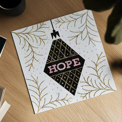 Jolly Holiday Ornaments Hope Metallic by Michael Mullan. Shown as a detailed flat fine art print, highlighting archival giclee quality. Available as an archival giclee rolled canvas, fine art paper, or poster print. SKU 66811a.