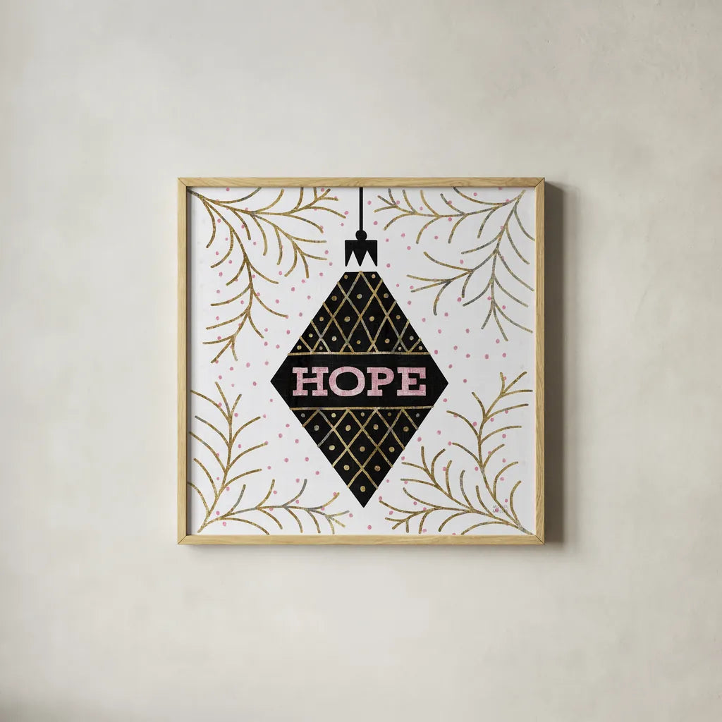 Jolly Holiday Ornaments Hope Metallic by Michael Mullan. Shown in a natural wood glass frame for a timeless modern aesthetic. Available as an archival giclee rolled canvas, fine art paper, or poster print. SKU 66811a.