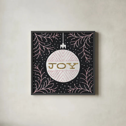 Jolly Holiday Ornaments Joy Metallic by Michael Mullan. Shown in a sleek black glass frame for a contemporary gallery look. Available as an archival giclee rolled canvas, fine art paper, or poster print. SKU 50315a.