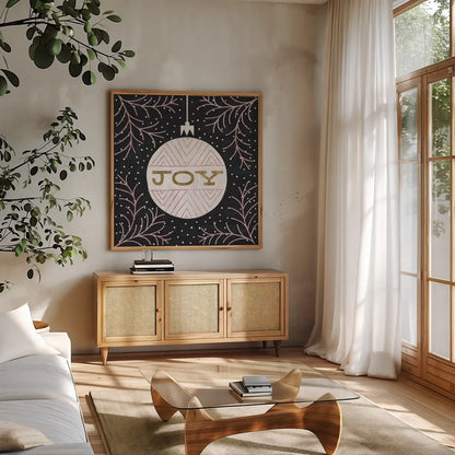 Jolly Holiday Ornaments Joy Metallic by Michael Mullan. Shown in a natural wood frame in a cozy modern living room. Available as an archival giclee rolled canvas, fine art paper, or poster print. SKU 50315a.