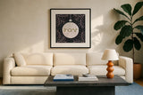 Jolly Holiday Ornaments Joy Metallic by Michael Mullan. Displayed in a glass frame with matte in a clean modern living room. Available as an archival giclee rolled canvas, fine art paper, or poster print. SKU 50315a.