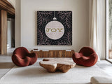 Jolly Holiday Ornaments Joy Metallic by Michael Mullan. Shown as extra-large giant wall art in a modern living room. Available as an archival giclee rolled canvas, fine art paper, or poster print. SKU 50315a.
