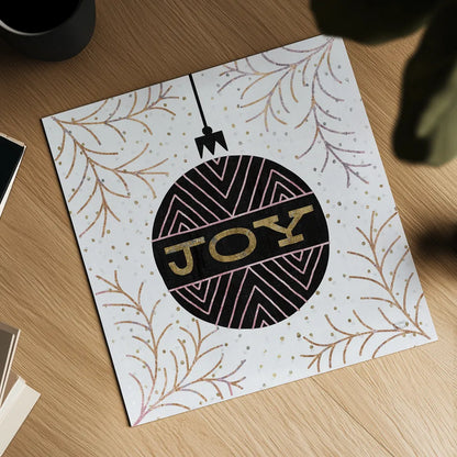 Jolly Holiday Ornaments Joy Metallic by Michael Mullan. Shown as a detailed flat fine art print, highlighting archival giclee quality. Available as an archival giclee rolled canvas, fine art paper, or poster print. SKU 66812a.