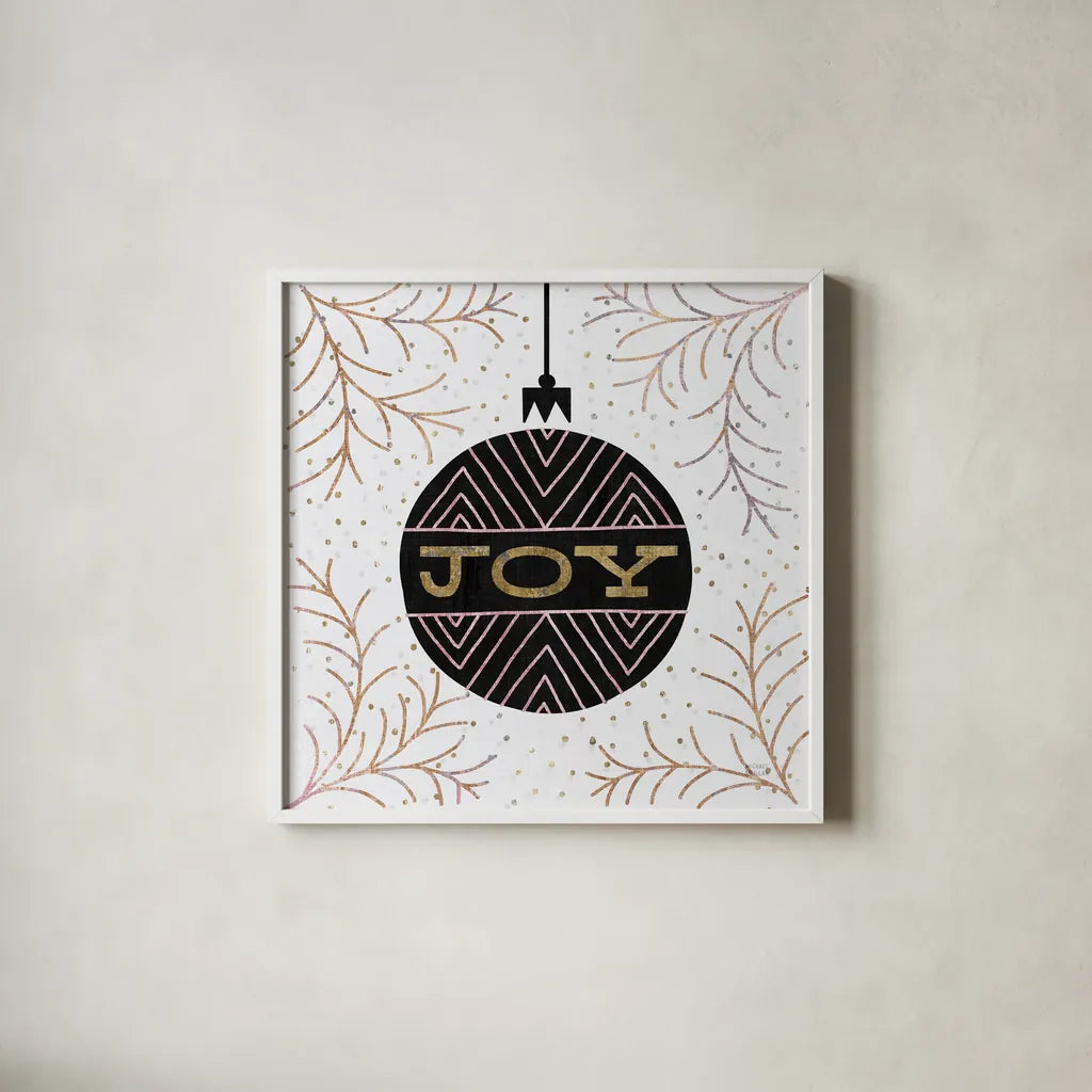 Jolly Holiday Ornaments Joy Metallic by Michael Mullan. Shown in a crisp white glass frame for a clean and minimalist style. Available as an archival giclee rolled canvas, fine art paper, or poster print. SKU 66812a.