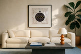 Jolly Holiday Ornaments Joy Metallic by Michael Mullan. Displayed in a glass frame with matte in a clean modern living room. Available as an archival giclee rolled canvas, fine art paper, or poster print. SKU 66812a.