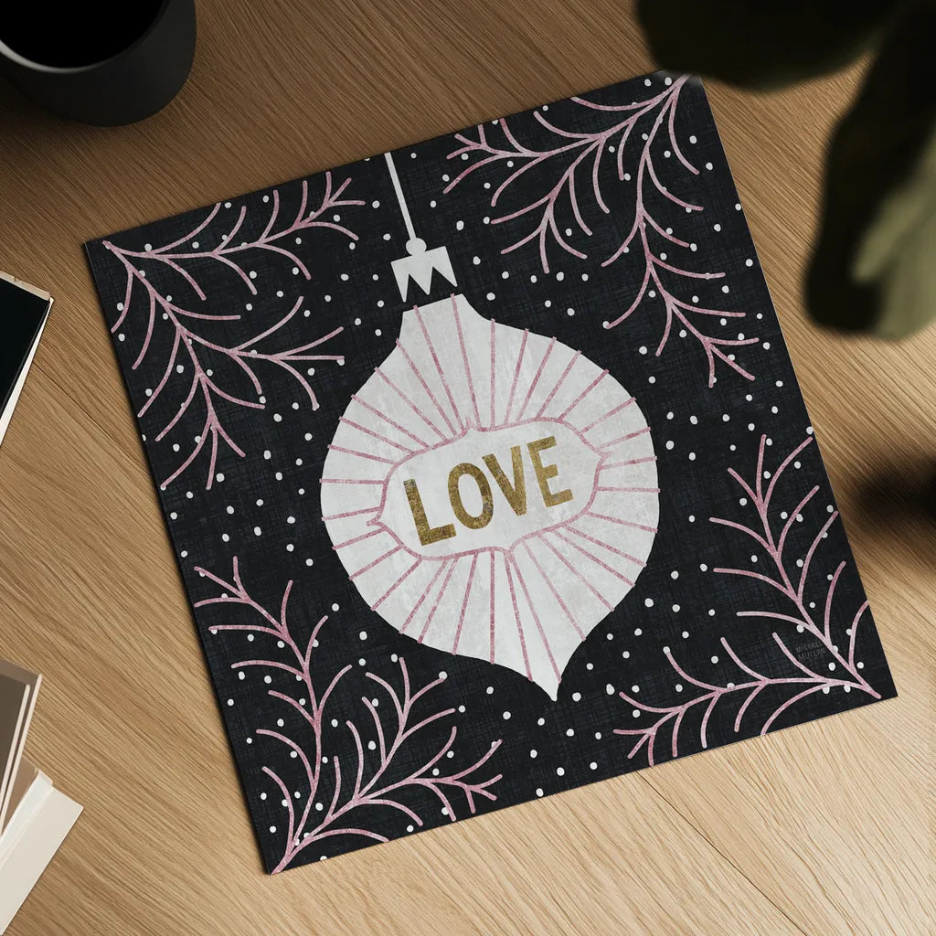 Jolly Holiday Ornaments Love Metallic by Michael Mullan. Shown as a detailed flat fine art print, highlighting archival giclee quality. Available as an archival giclee rolled canvas, fine art paper, or poster print. SKU 50316a.